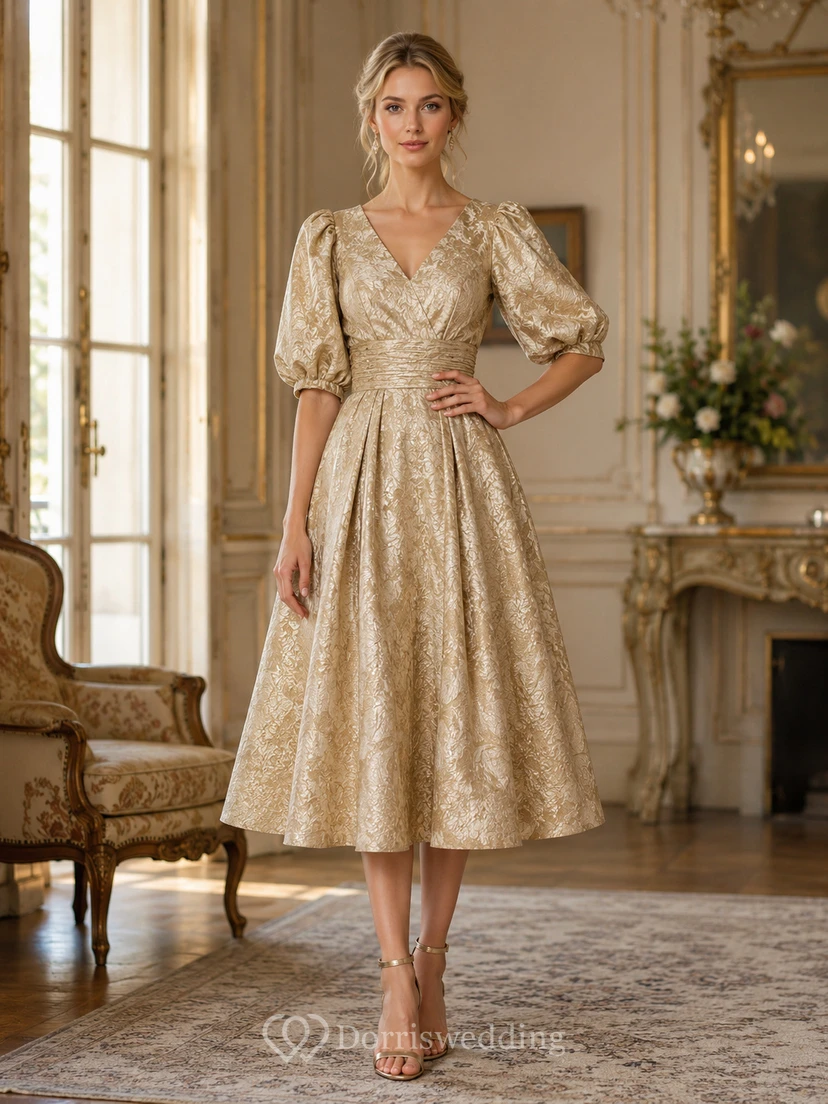 Robe de soirée élégante en brocart métallisé doré à col V et manches bouffantes