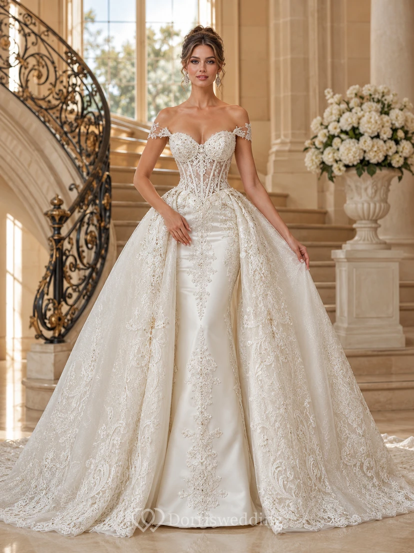 Robe de mariée de bal en dentelle à épaules dénudées et décolleté cœur, avec surjupe amovible et traîne chapelle