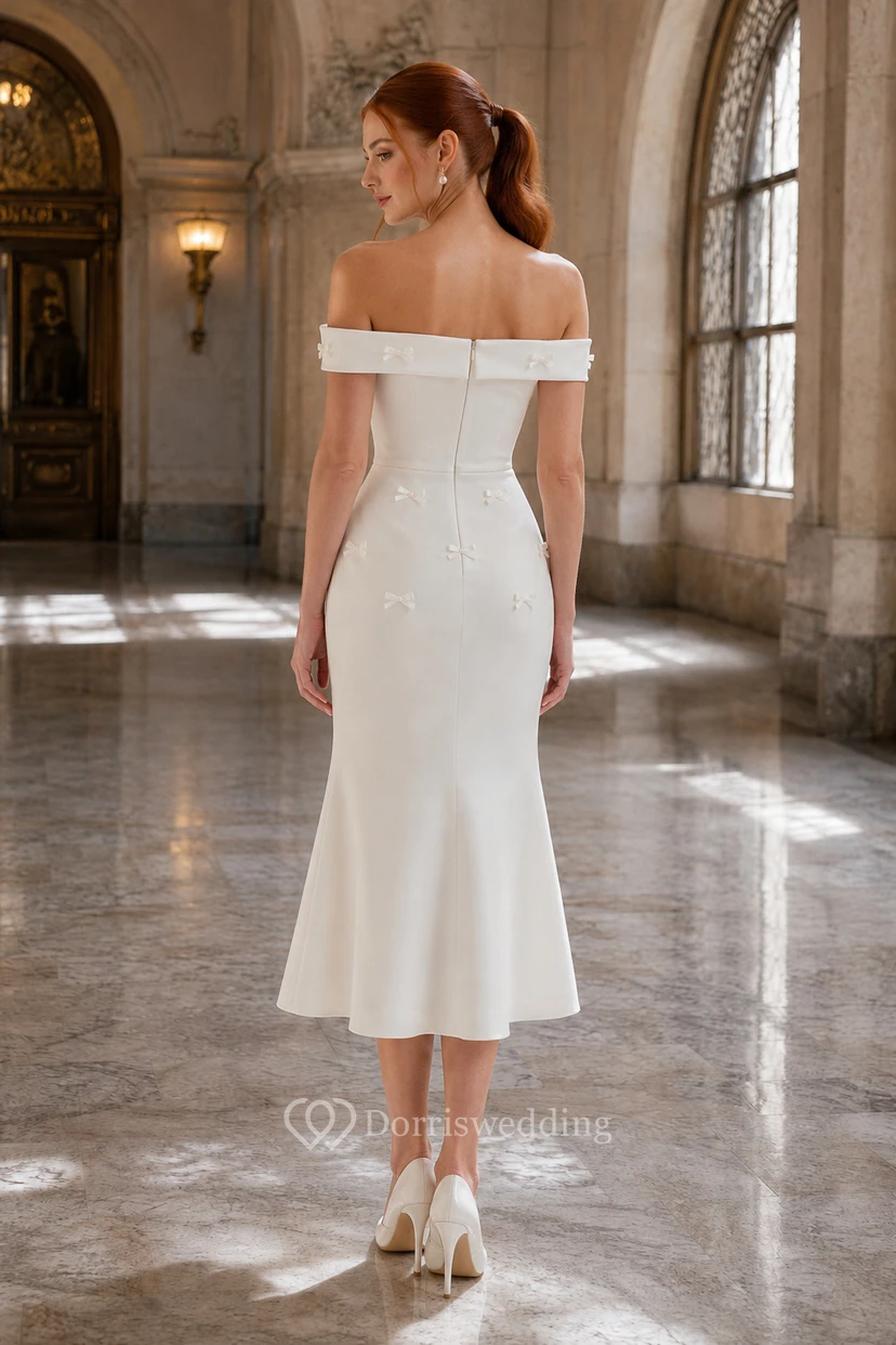 Ivory Off-the-Shoulder Satin Tea-Length Sheath Dress view 2