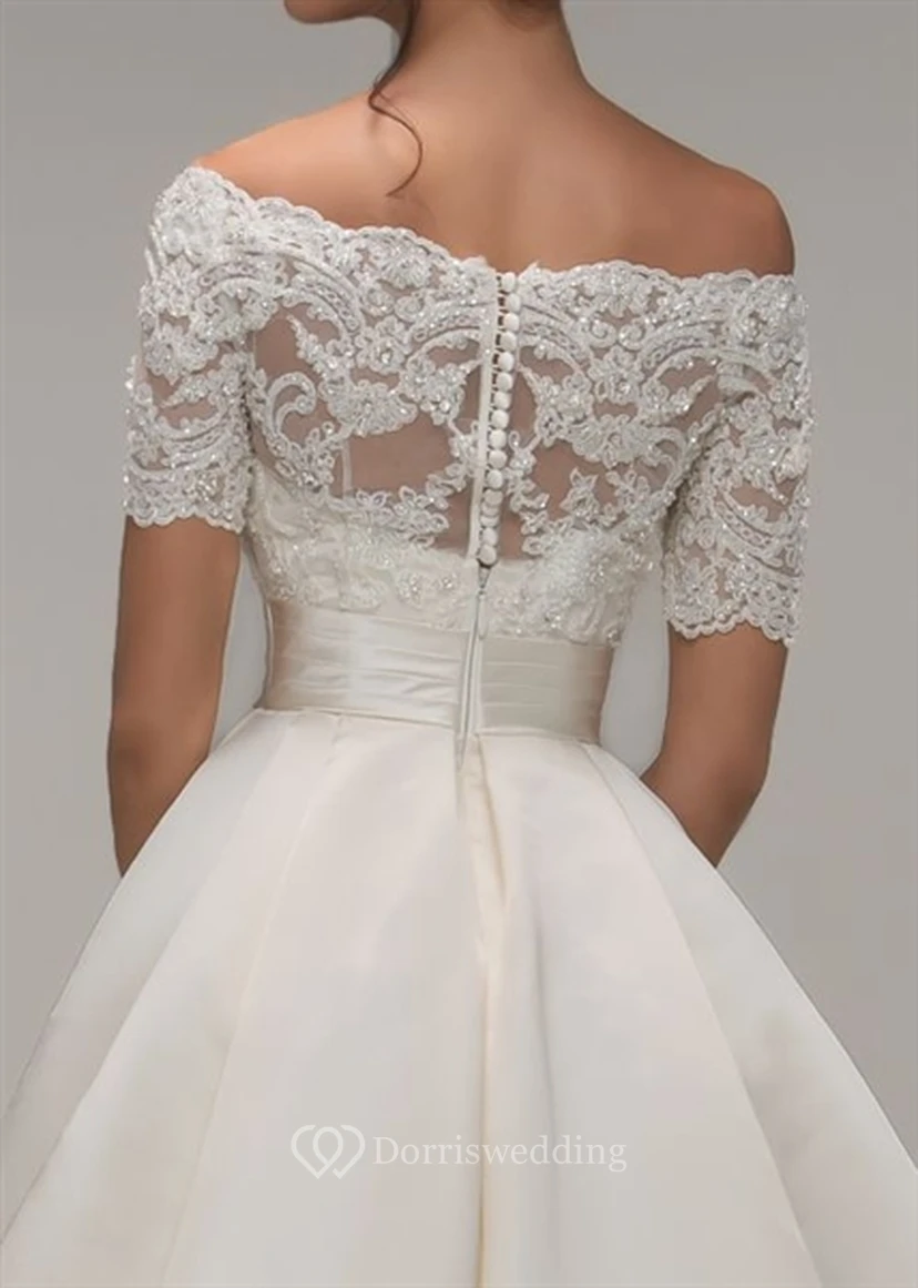A-Line Off-The-Shoulder Short-Sleeve Satin Wedding Dress With Illusion view 4