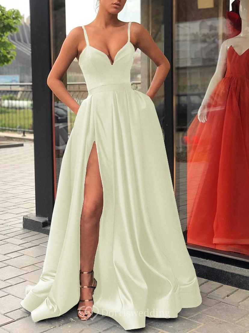 Spaghetti Satin Black Empire A-line Solid Prom Dress view 15