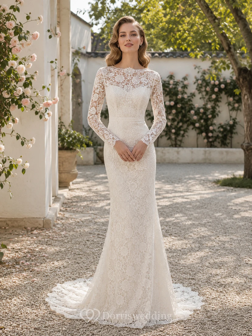 Robe de mariée élégante en dentelle illusion, col montant, manches longues, fourreau, traîne chapelle, ornée d'appliqués floraux.
