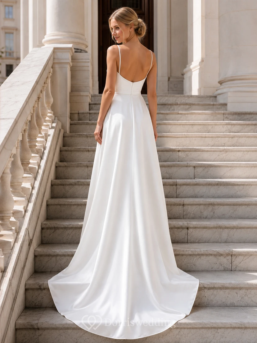 Minimalist Square Neck Spaghetti Strap Satin A-Line Wedding Dress view 2