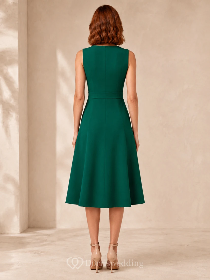Emerald sleeveless V-neck knee length fit flare cocktail dress view 2