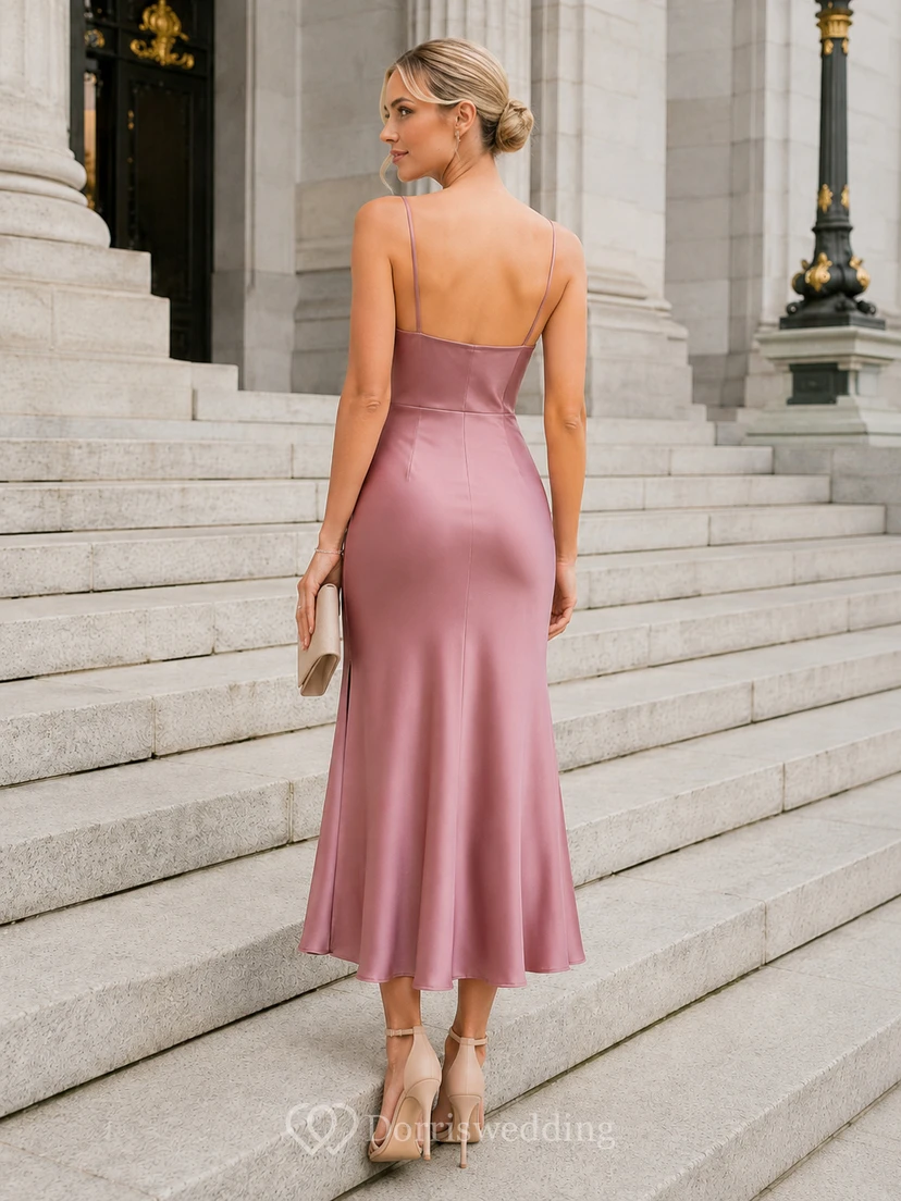 City Hall Dusty Rose Cowl Satin Spaghetti Strap Sheath Tea-Length Dress Modern Elegant Sexy view 2