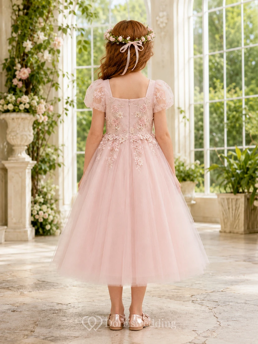 Flower Girl Dress Blush Lace Tulle A-Line Short Sleeve Jewel Neck Tea Length Applique view 2