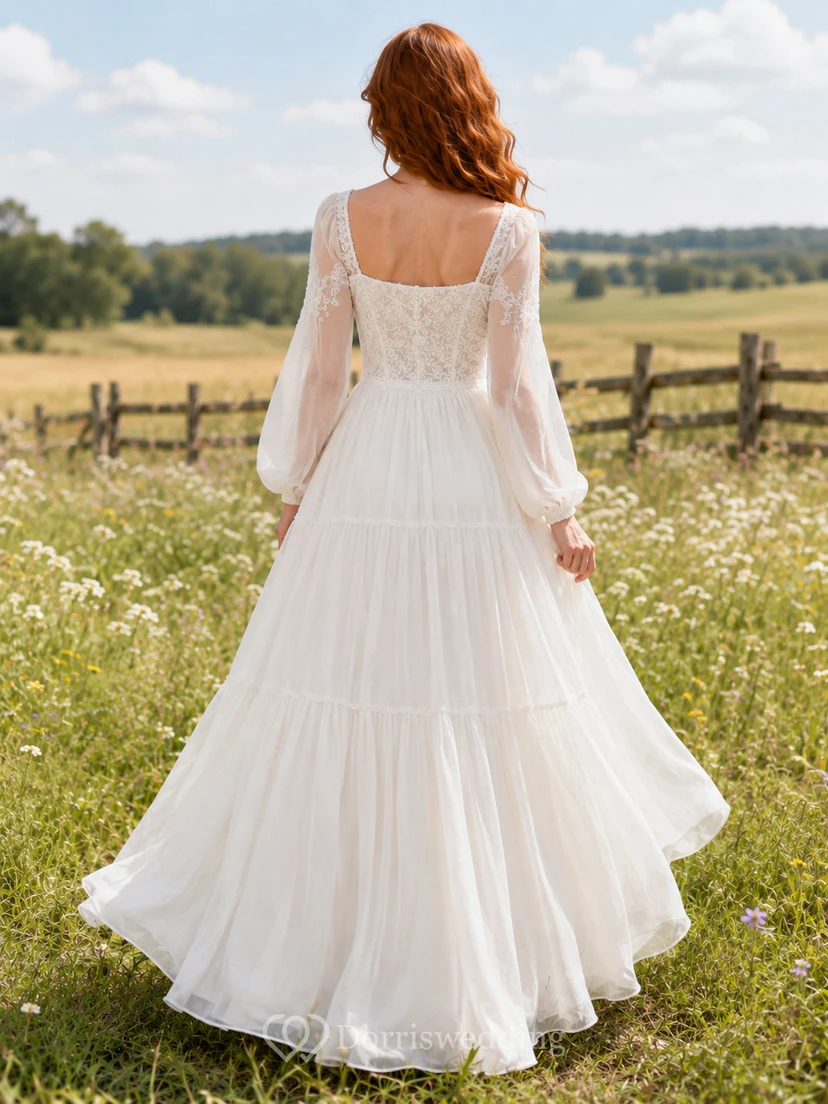 Brautkleid im Landhausstil aus Spitze und Tüll, A-Linie, eckiger Ausschnitt, lange Ärmel, bodenlang view 2