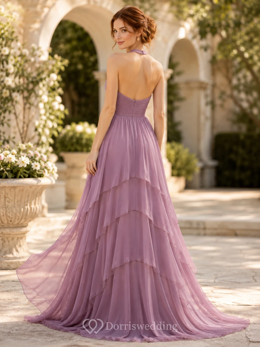 Vestido formal de gasa color malva con volantes escalonados view 2