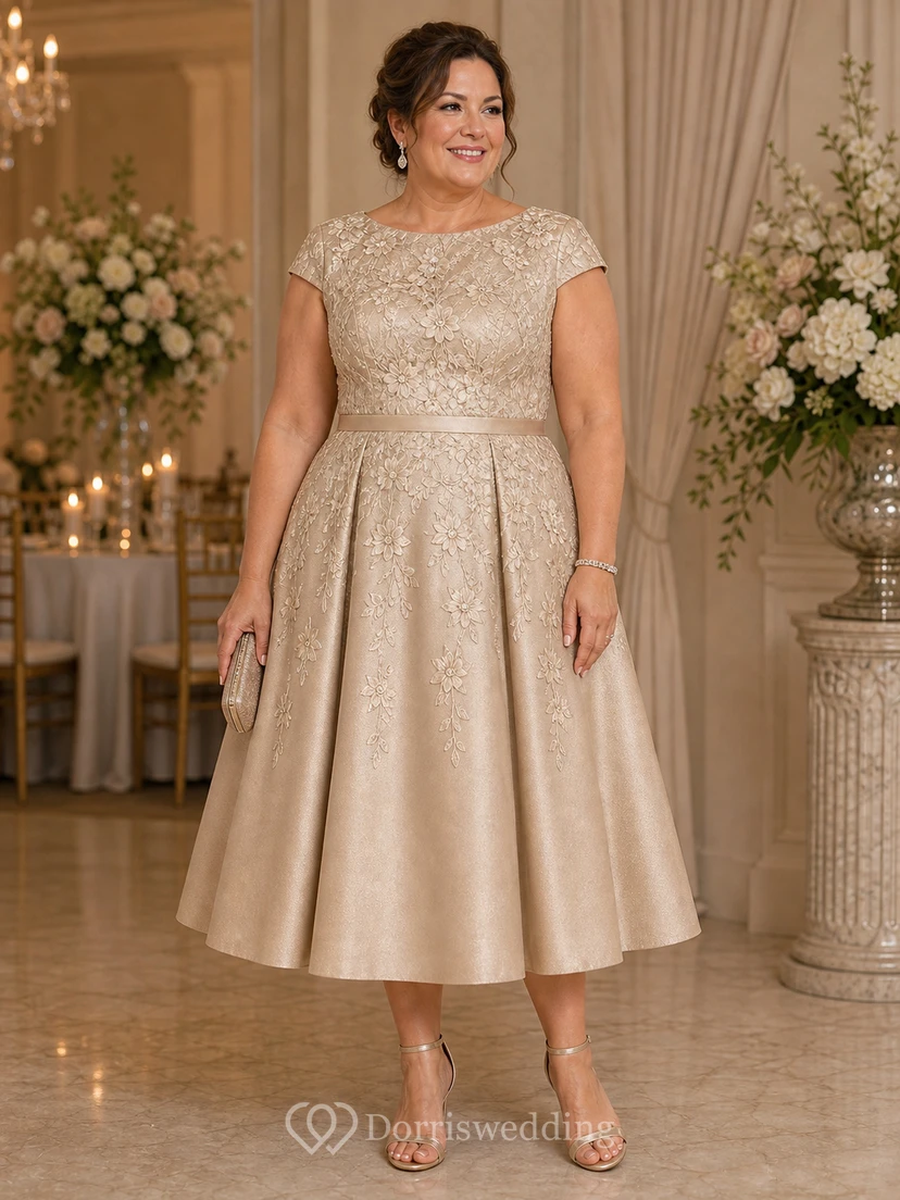Champagne Lace Cap Sleeve Tea-Length Formal Dress view 3