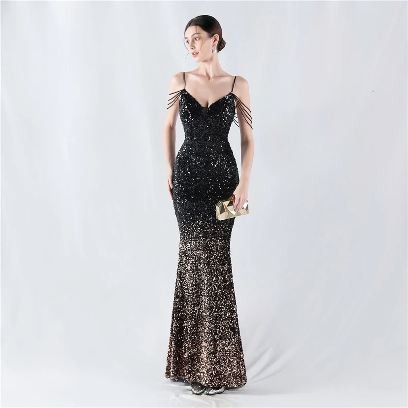 Velvet-Bottom Gradient Sequined Sexy Beaded Suspender Evening Dress view 54