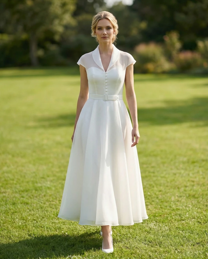 Robe longue en tulle à manches courtes et col en V, longueur cheville