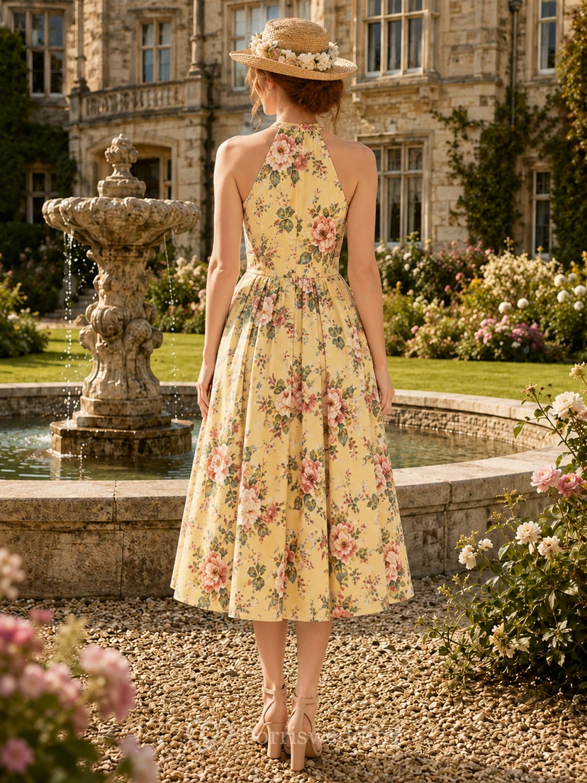 Yellow Floral Halter Country Estate Garden Tea Dress view 2