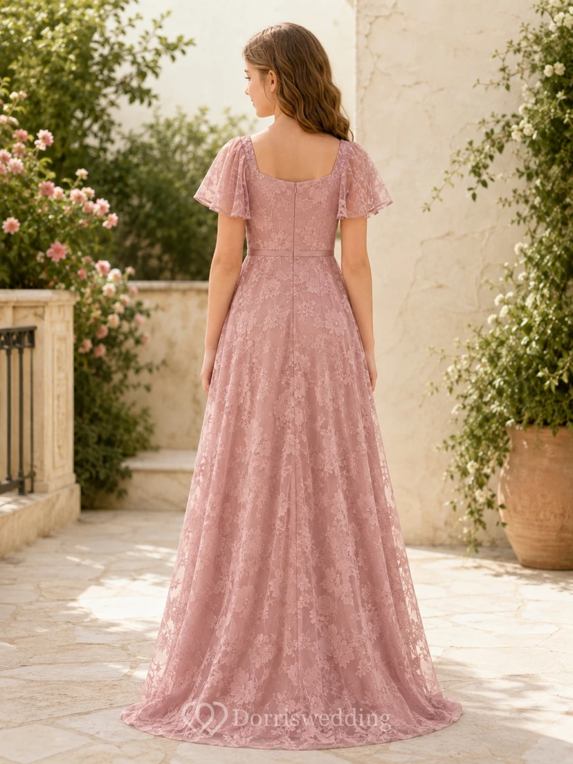 Brautjungfernkleid in Altrosa, A-Linie, eckige Blütenblattärmel, Vintage-Stil view 2