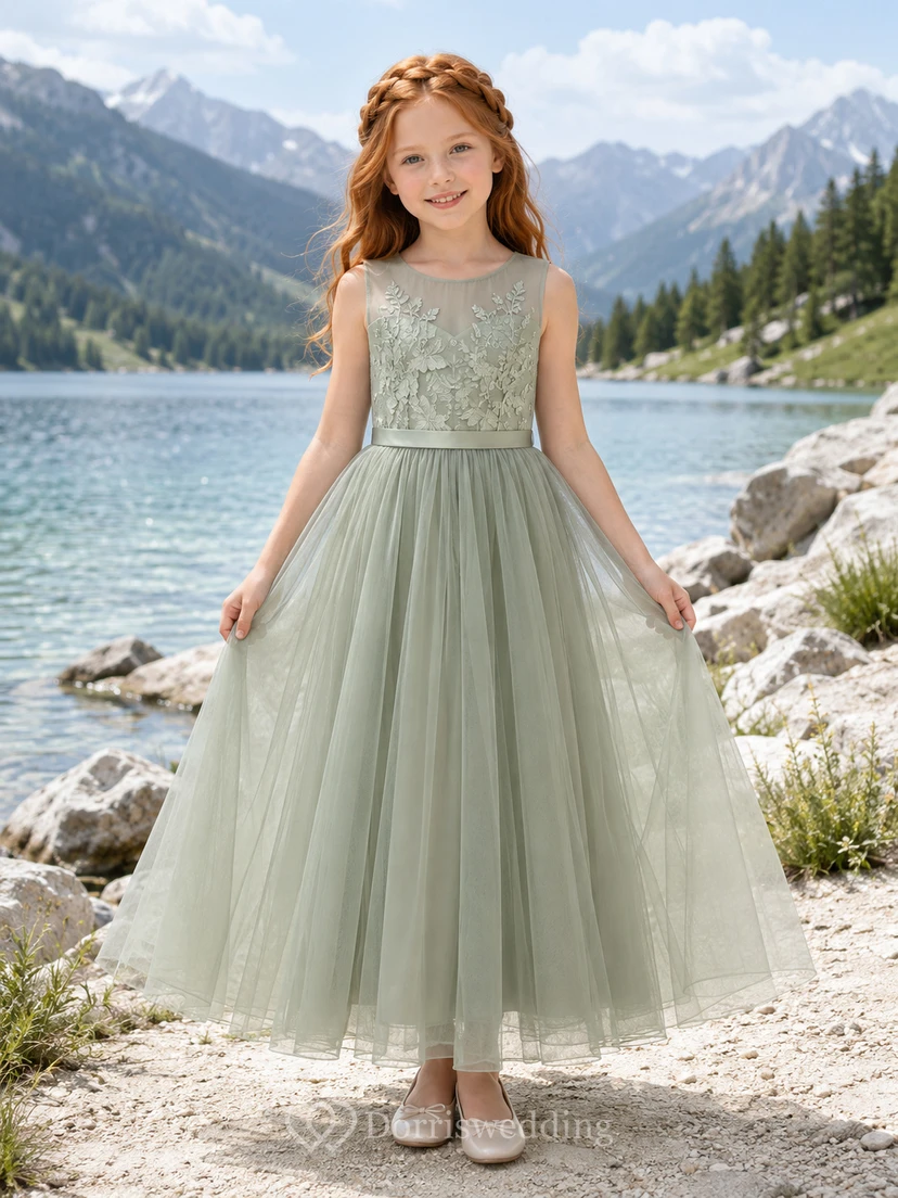 A-Line Flowergirl Sage Tulle Floor-Length Sleeveless Mountain Wedding Dress
