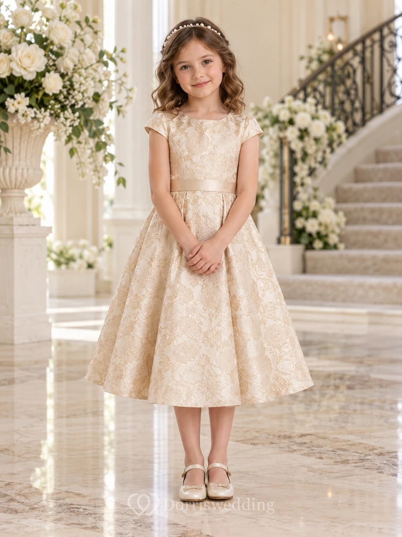 Knee-length Champagne Floral-textured A-line Cap-sleeve Pleated-skirt Bow-back Round-Neck Flower Girl Dress