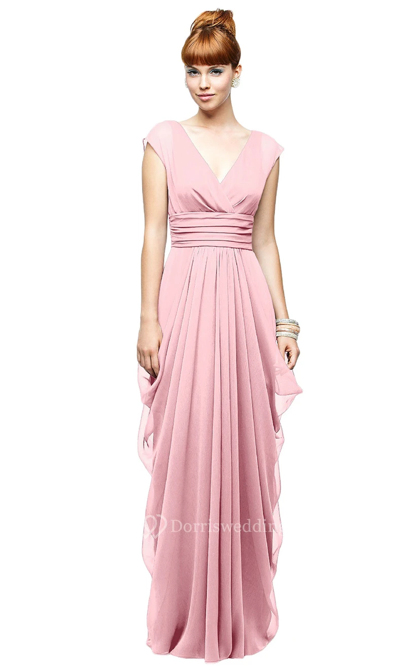 Long Chiffon Cap-Sleeved Enchanting V-Neck Dress view 3