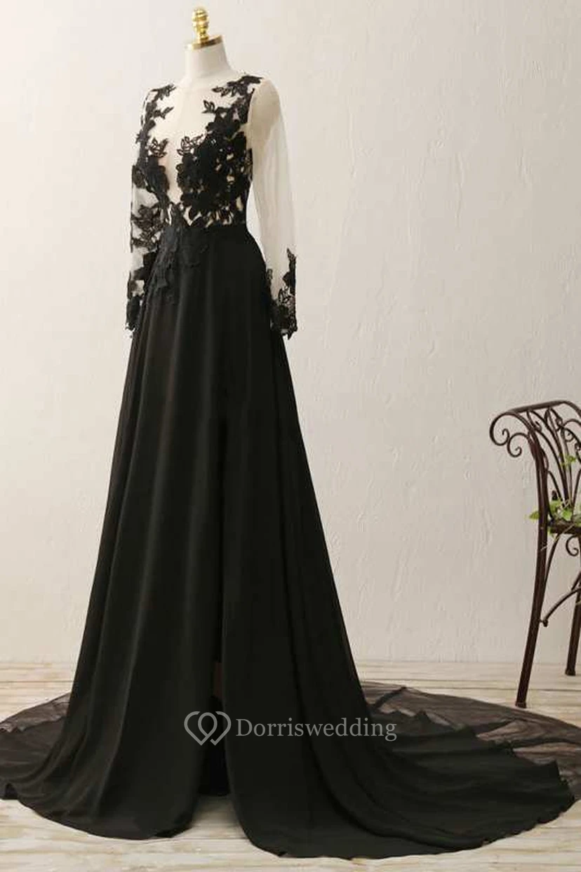 Vestido largo de gasa con encaje ilusión, manga larga y corte en A view 4