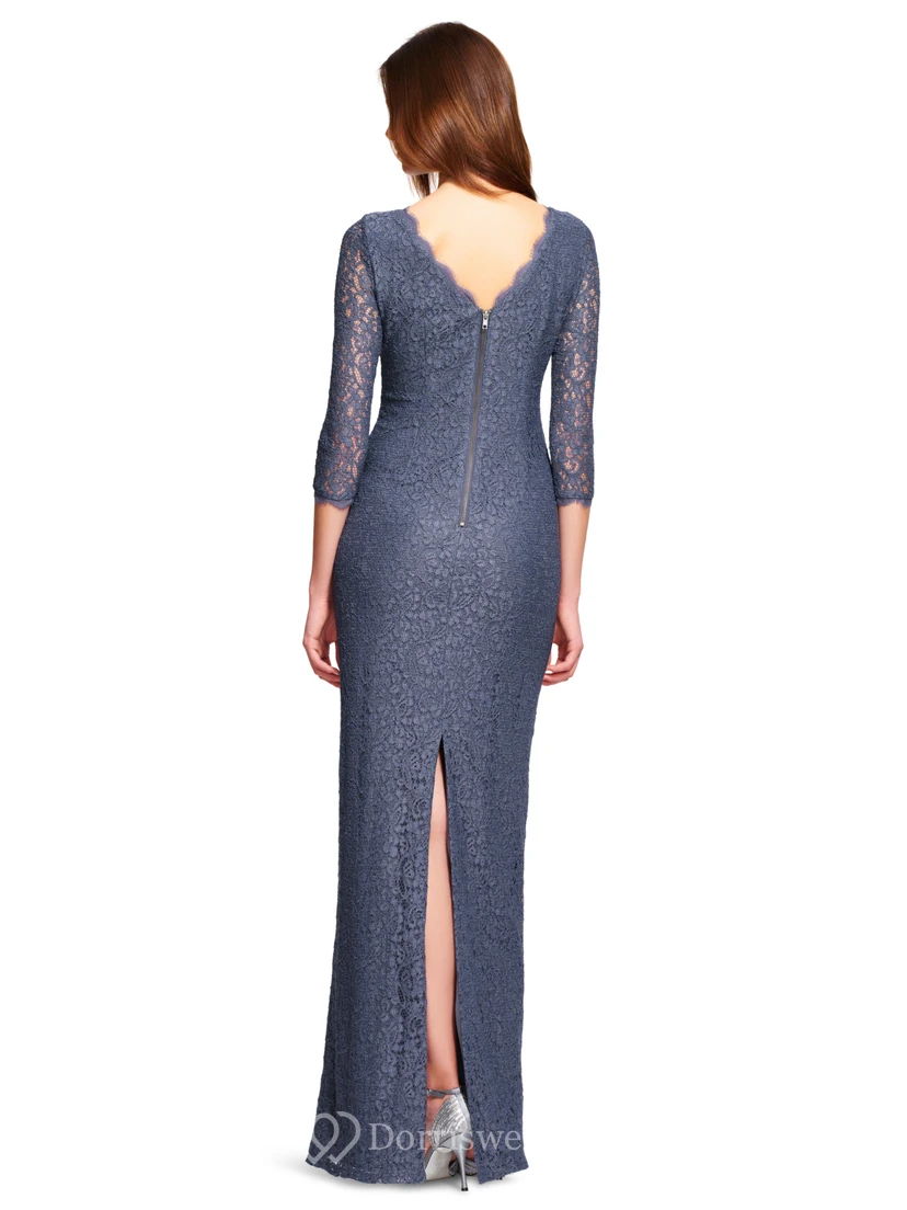 Sheath 3-4-Sleeve Bateau-Neck Long Split-Back Lace Bridesmaid Dress view 2