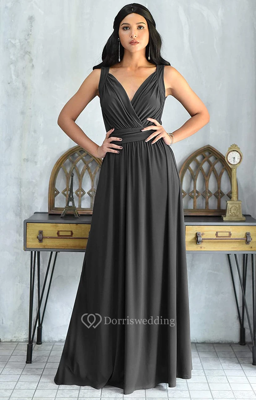 Sexy V-neck A Line Sleeveless Floor-length Chiffon Bridesmaid Dress With Ruching view 2