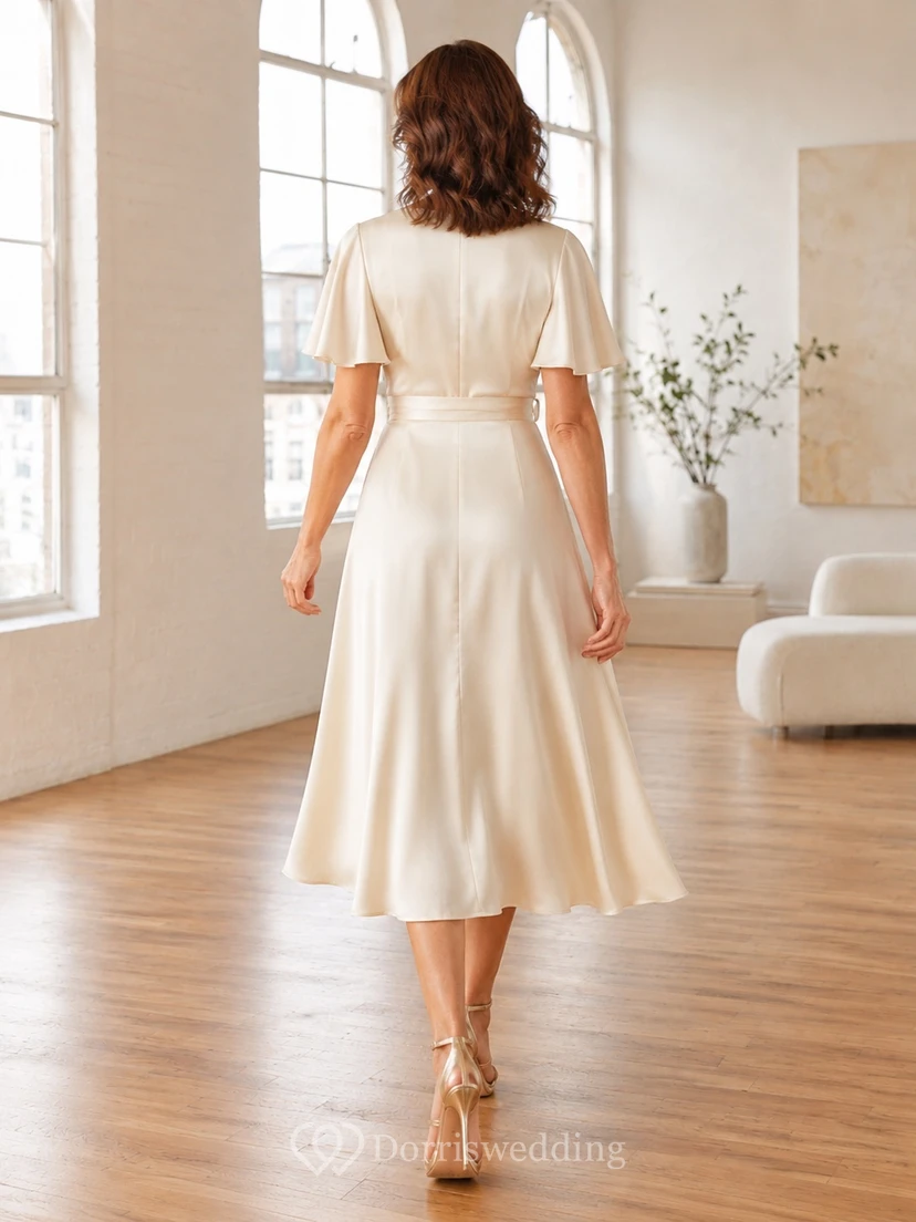 Elegantes, lässiges Satin-Wickelkleid mit V-Ausschnitt, flatternden Ärmeln, A-Linie und Teelänge – das perfekte zweite Hochzeitskleid view 2