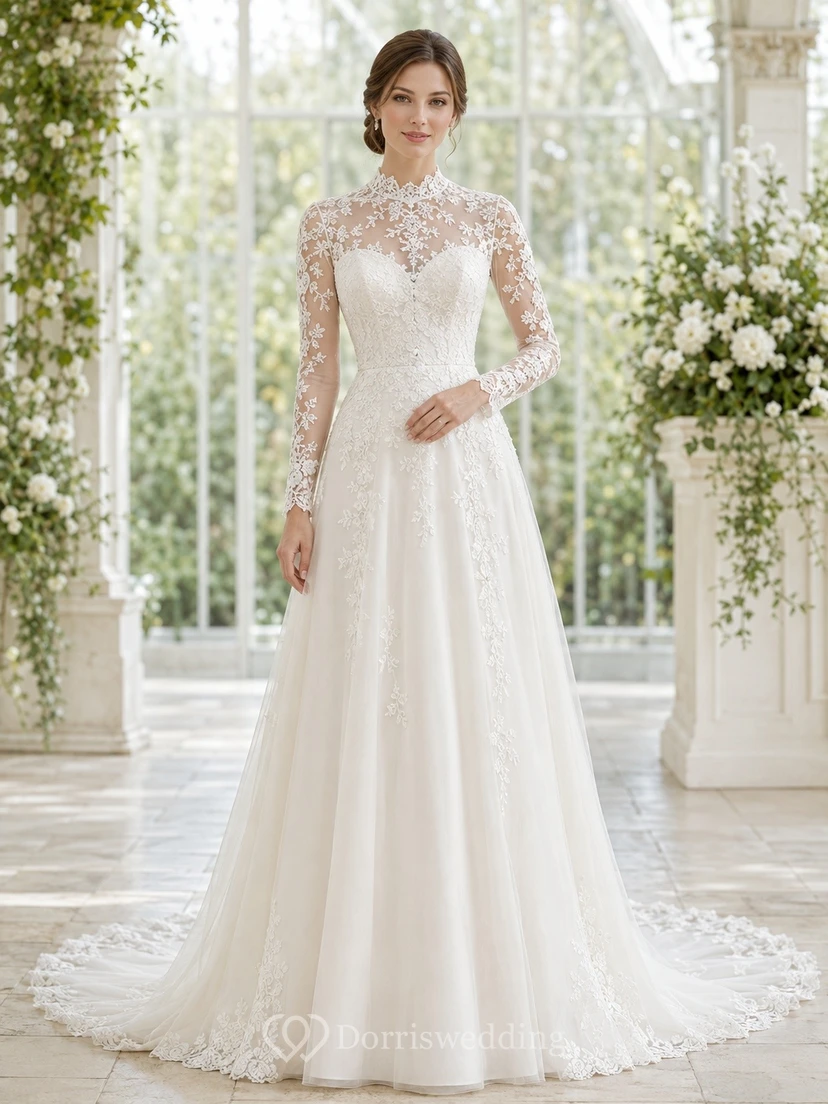 Vestido de novia de encaje con cuello alto, corte en A y cola larga, de manga larga.