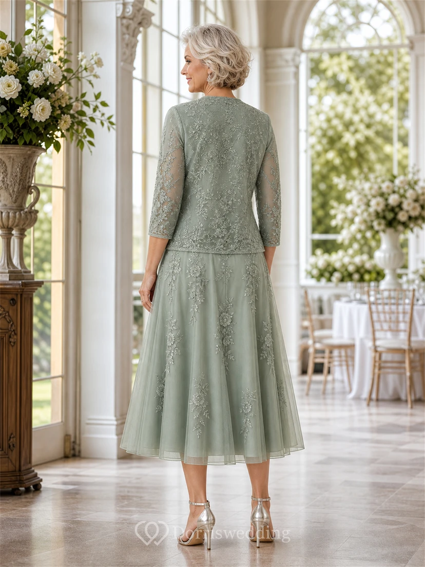 Sage Green Lace Applique Tea-Length Mother of the Bride Dress with Jacket view 4
