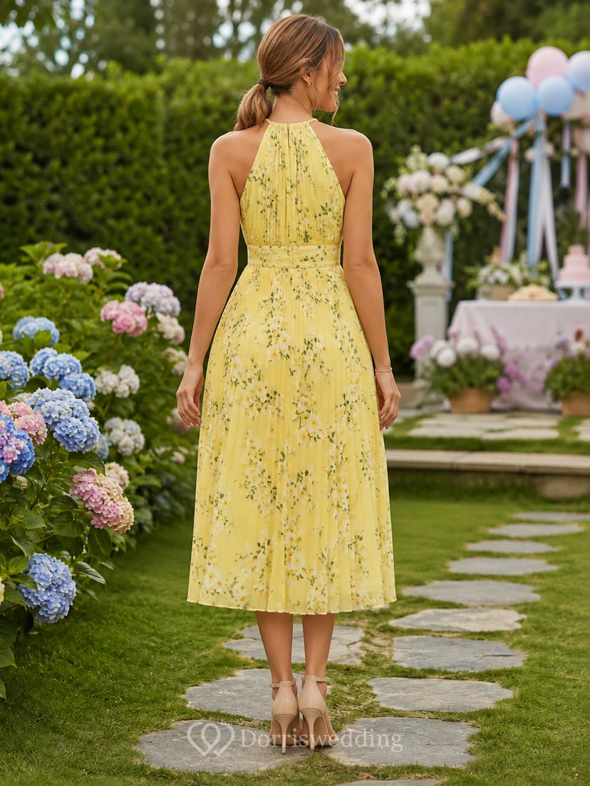 Yellow floral halter neck pleated A-line midi dress view 2