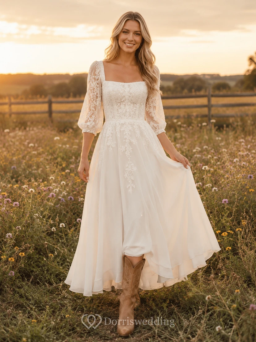 Square Neck Tea-Length Country Wedding Dress with Long Sleeves and Ruffles Casual Romantic A-Line Tulle