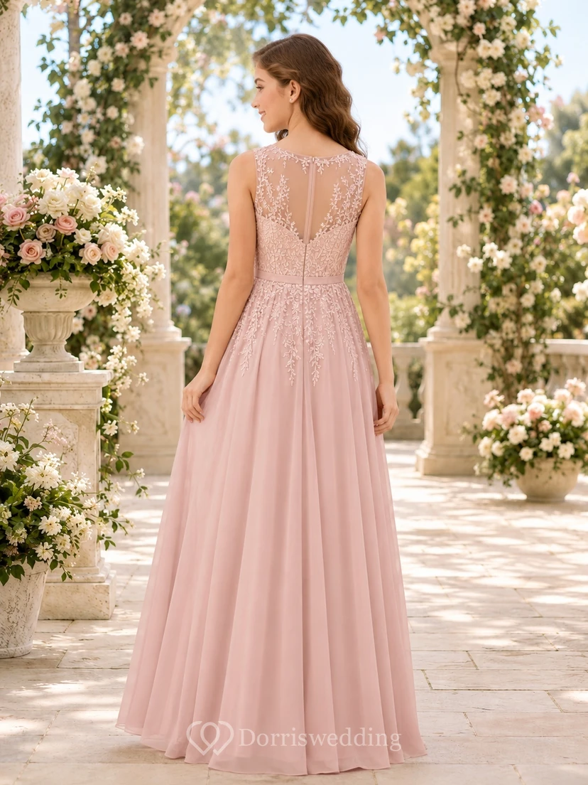 Zartrosa Brautjungfernkleid, A-Linie, V-Ausschnitt, ärmellos, Spitze, romantisch view 2