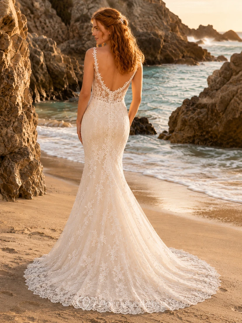 Brautkleid im Meerjungfrauenstil aus Spitze und Tüll, ärmellos, mit V-Ausschnitt, Schleppe und tiefem V-Ausschnitt am Rücken view 2