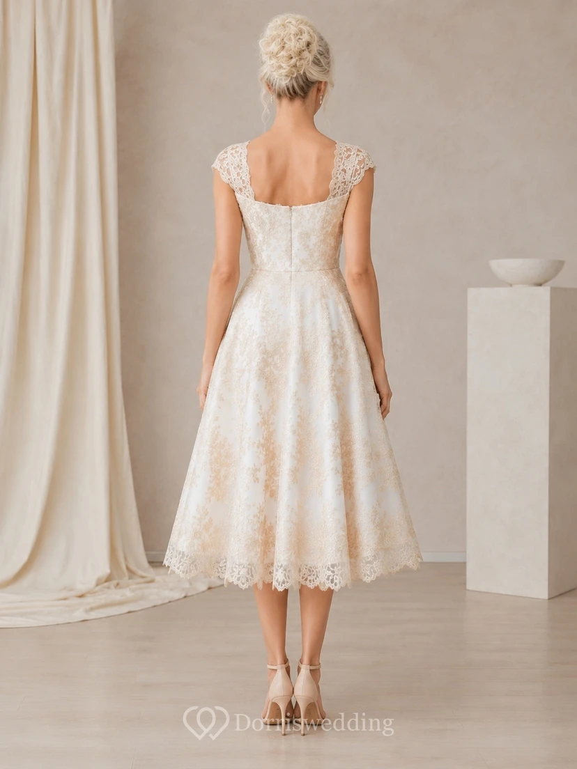 Simple Lace Square Neck Sleeveless A-Line Tea-length Bridal Dress view 2