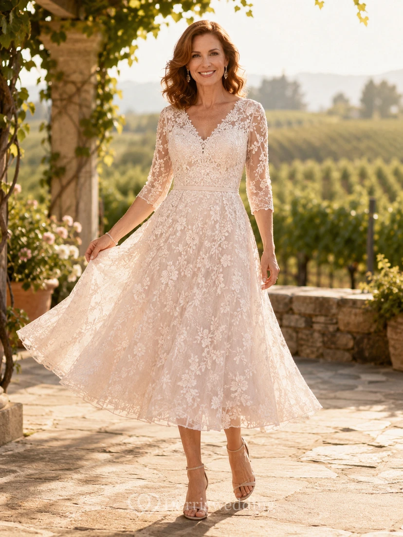 Vestido de novia vintage de encaje, corte A, cuello joya, manga corta, largo hasta la rodilla.