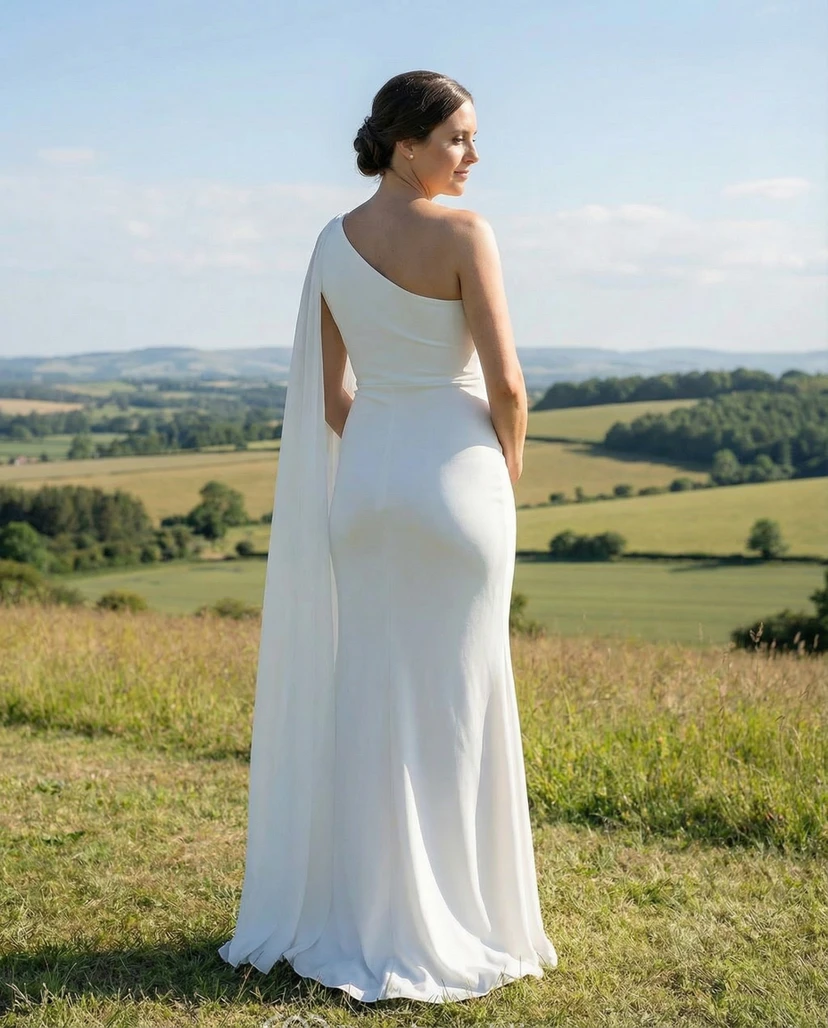 One Shoulder Maternity Wedding Dress with Draped Cape and Sleek Sheath Skirt view 2