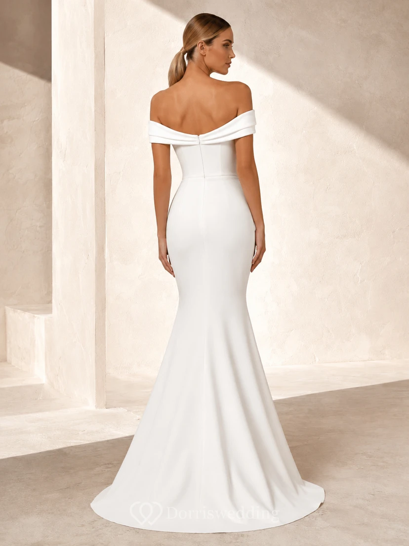 Sexy White Off-Shoulder Stretch Satin Mermaid Formal Prom Dress Red-Carpet view 2