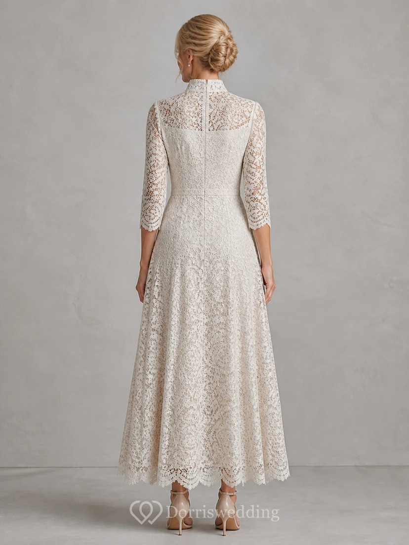 Poised Modest Older Brides Lace A-Line Ankle-length Notched Three-Quarter Sleeve Mother Dress view 2