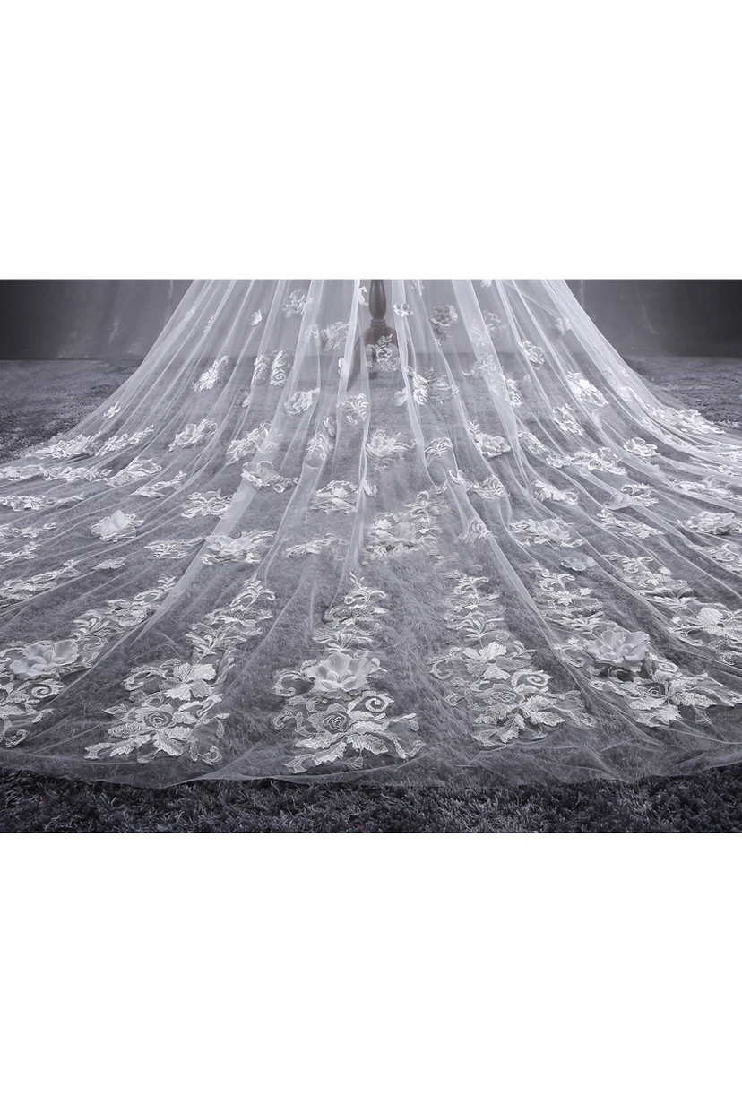 New Beautiful Long Tailed Bride Wedding Veil with Lace Flower view 3