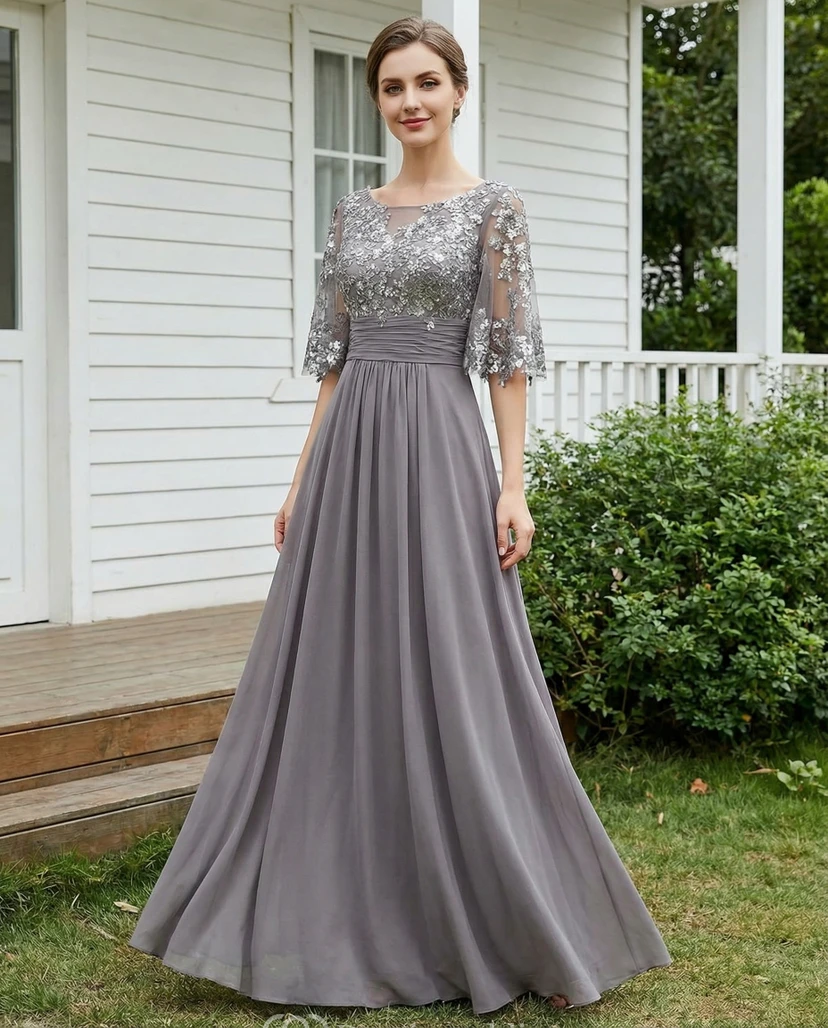 Paillettenbesetztes Chiffon-Kleid in A-Linie mit halben Ärmeln