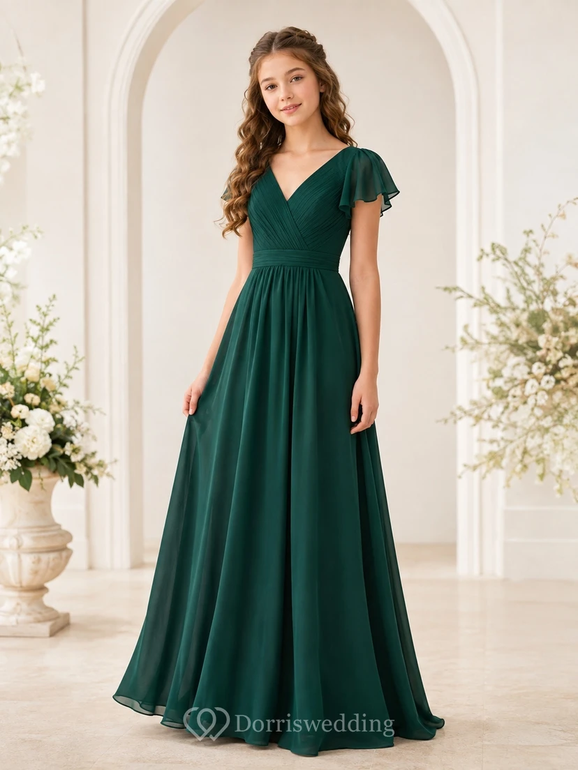 Smaragdgrünes Brautjungfernkleid für junge Damen, A-Linie, V-Ausschnitt, kurze Ärmel, elegant und formell
