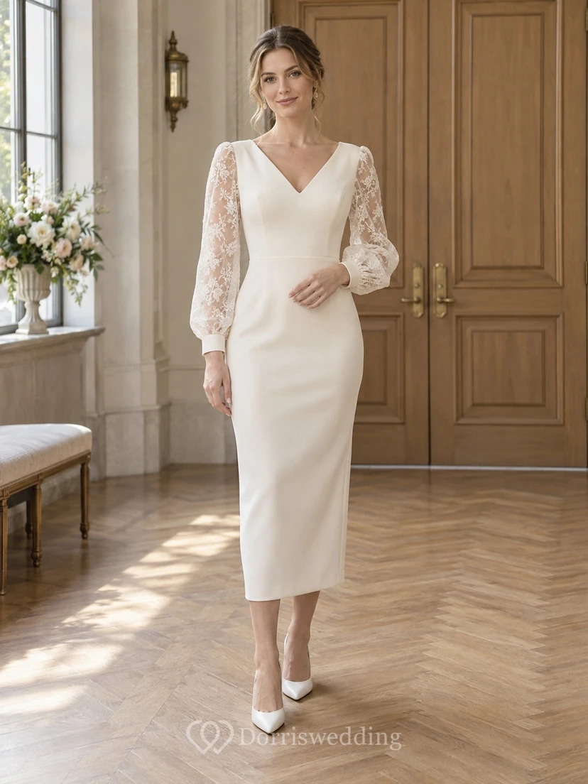 Robe de mariée fourreau simple, longueur thé, col en V, manches longues bouffantes en dentelle