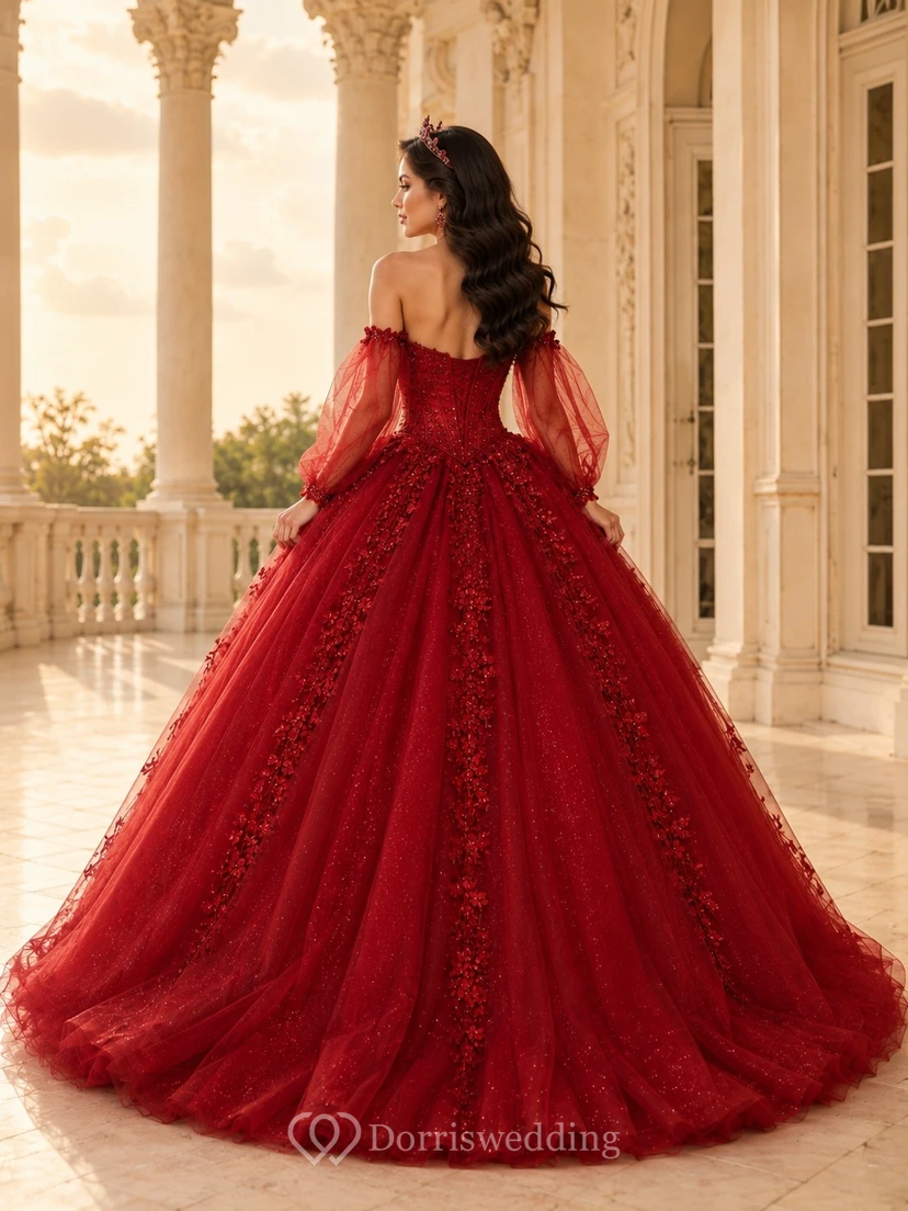 Rotes schulterfreies, langärmeliges, spitzenbesticktes Quinceañera-Ballkleid view 2