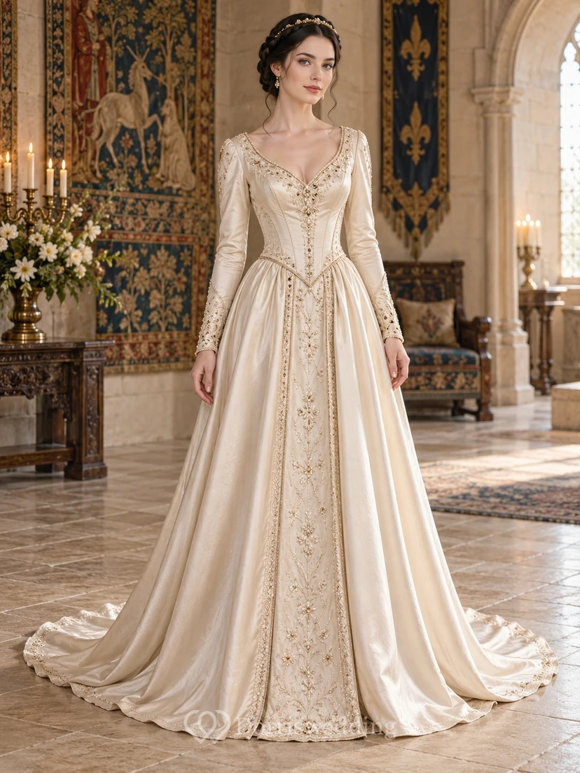 Vintage Medieval Long Sleeve V-neck Panelled Satin A-line Wedding Dress