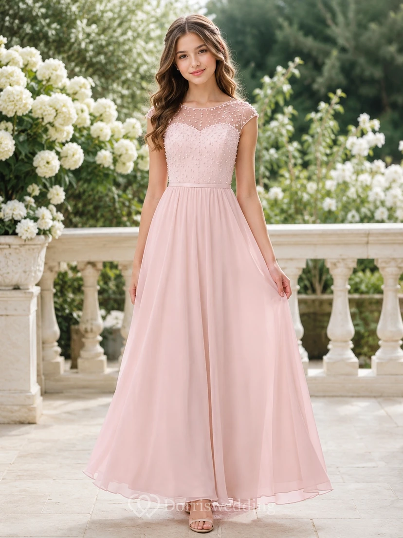 Vestido de dama de honor juvenil rosa perla, corte en A, manga corta tipo casquillo, con detalles de pedrería.