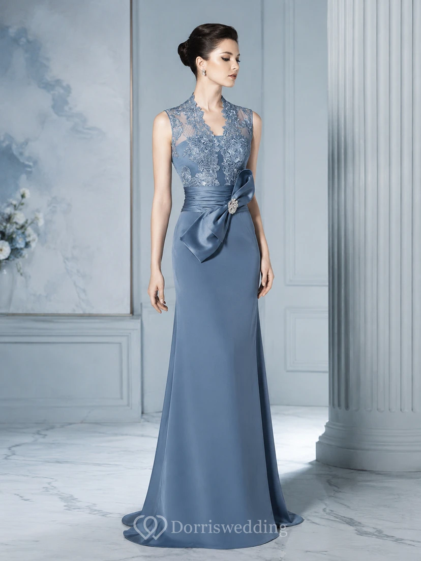 Sheath V-Neck Bowed Floor-Length Sleeveless Jersey&Lace Prom Dress With Appliques view 6
