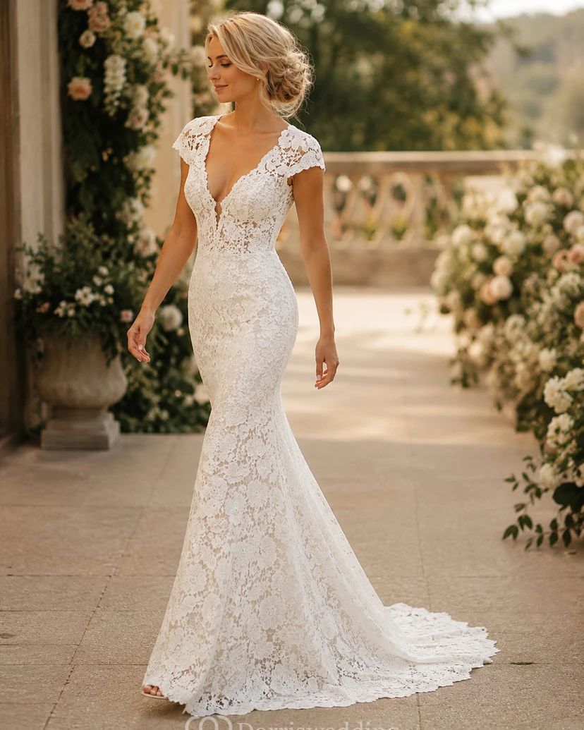 Vintage-Brautkleid im Boho-Stil mit Spitzenspitze und kurzen Ärmeln | Schlichtes Etuikleid im Landhausstil view 5