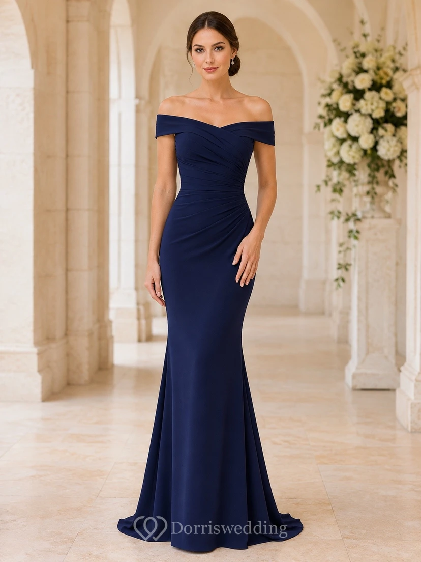 Dark Navy Off-Shoulder Sleeveless Floor-Length Satin Mermaid Dress