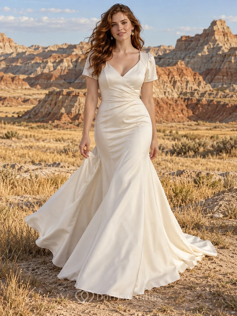 Vestido de novia sencillo de satén drapeado largo hasta el suelo con escote en V y mangas cortas estilo sirena