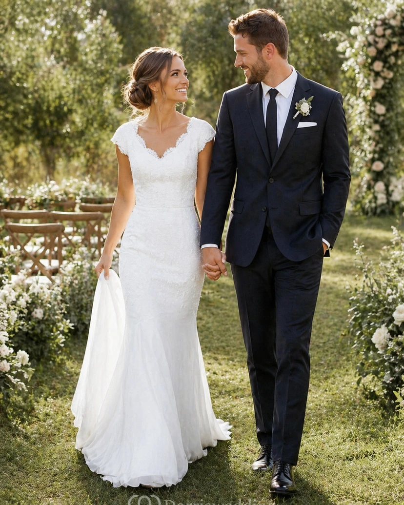 Robe fourreau en mousseline de soie à manches courtes et col festonné, avec ceinture.