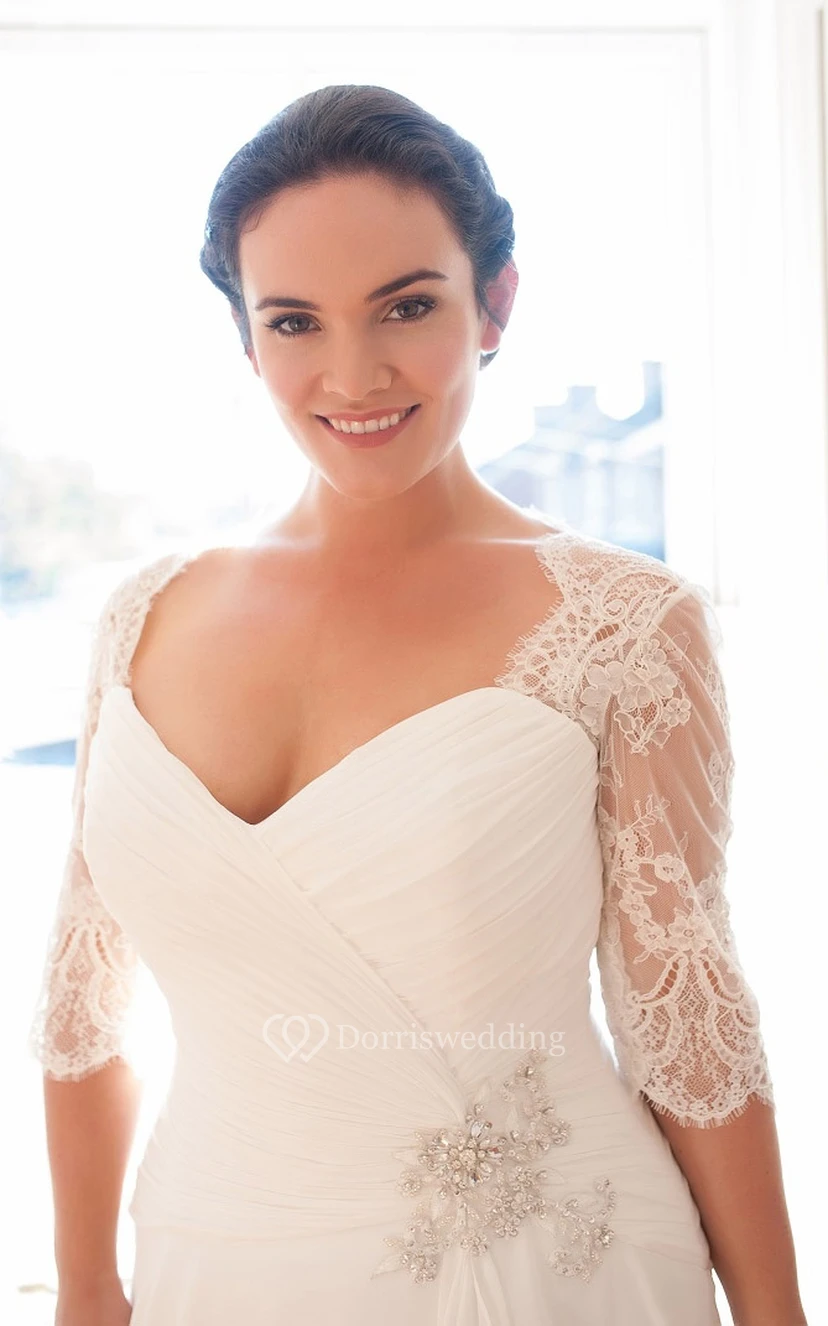 A-Linien-Kleid aus Chiffon mit bodenlangem Schnitt, V-Ausschnitt, halben Ärmeln, Schleppe und Spitze – das perfekte Kleid für die Mutter der Braut view 2