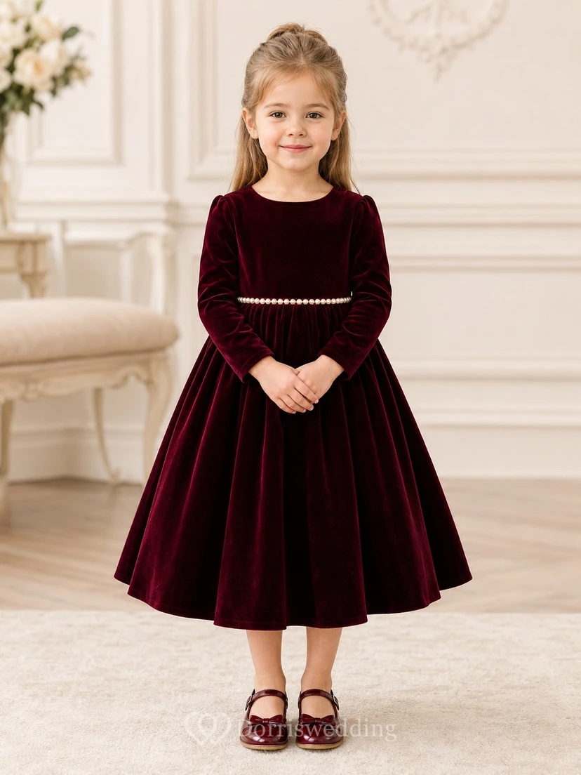 Burgundy Jewel Neck Long Sleeve Velvet Tea-Length Flowergirl Dress