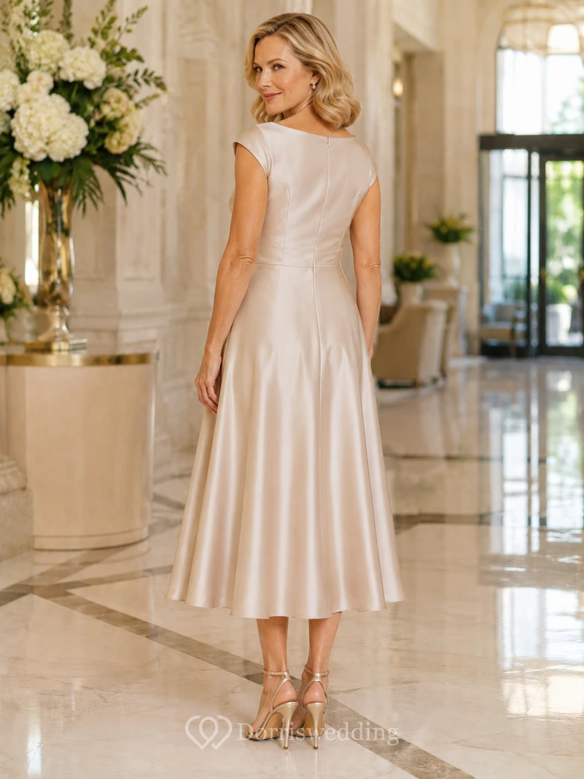 Champagnerfarbenes, schlichtes, elegantes A-Linien-Kleid aus Satin mit U-Boot-Ausschnitt, kurzen Ärmeln und Teelänge – perfekt für die Mutter der Braut. view 2